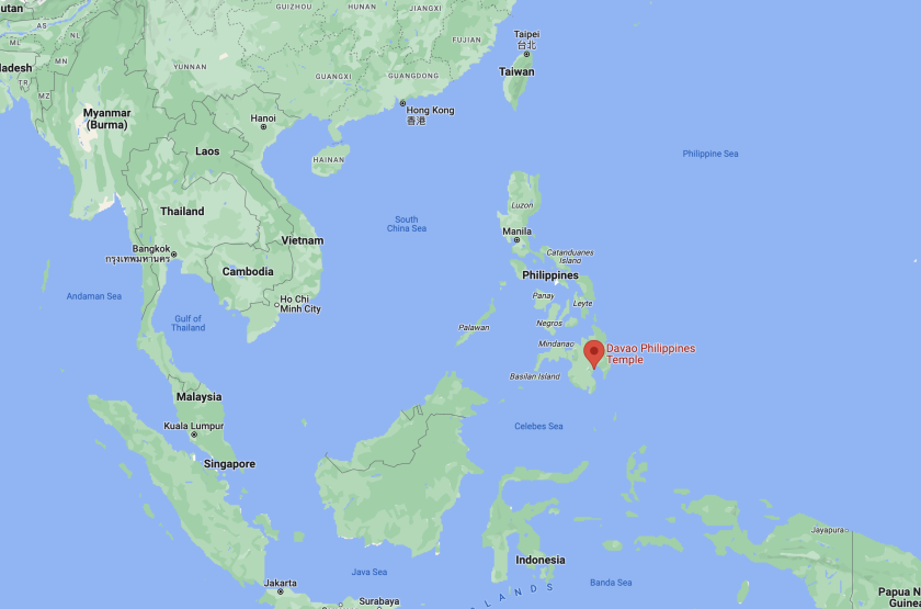 A map showing where the Davao Philippines Temple site is, with other countries around it.