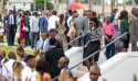 Latter-day Saints gather outside the Kinshasa Democratic Republic of the Congo Temple on its dedication day.