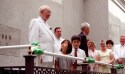 President Gordon B. Hinckley stands with attendees at the Fukuoka Japan Temple dedication.