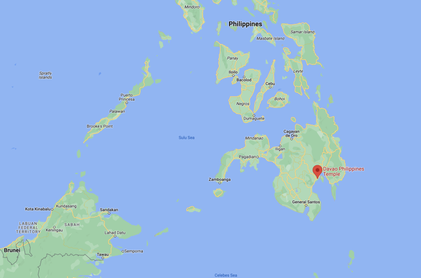 A map showing where the Davao Philippines Temple site is, with other countries around it.