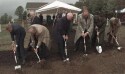 President Gordon B. Hinckley and President Thomas S. Monson join local stake presidents for ceremonial groundbreaking of Palmyra New York Temple.