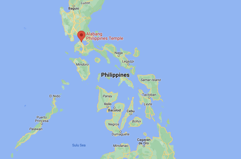 A map of the islands of the Philippines, showing a pin in the north, where the Alabang temple is located.