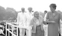 Church President Gordon B. Hinckley with his wife, Marjorie Hinckley, and Elder Russell M. Nelson of the Quorum of the Twelve Apostles, at the dedication for the Accra Ghana Temple, Jan. 11, 2004.