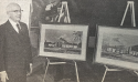 An old photo of President Kimball, a man with a suit, a tie and glasses, standing next to artistic drawings of two temples.