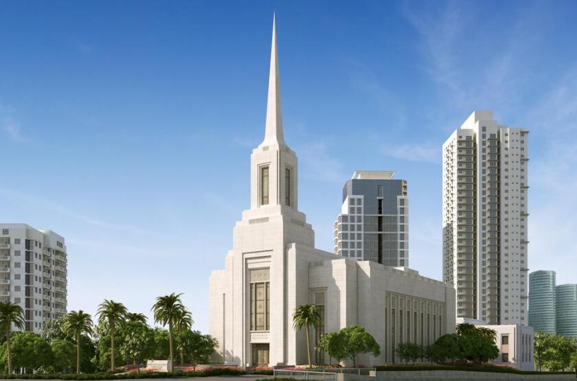 A rendering of the Alabang temple, a two-story rectangular building with the entrance and a spire on the short end.