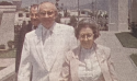 President Hinckley and his wife, Marjorie, with the Lima Peru Temple in the background.