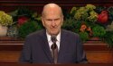 President Russell M. Nelson speaking from a pulpit at the April 2019 general conference.